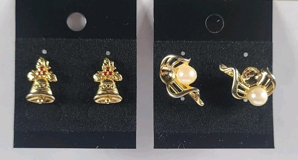 Vintage Christmas Bell Gold Tone Red Rhinestone Stud Earrings Holiday